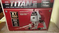Front of Titan XT 250 box showing branding, model, and key specs