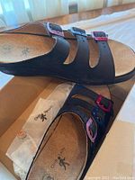 Black Ortho Lady sandal with three buckle straps in red, blue, and purple colors on footbed, showing in box with dust bag