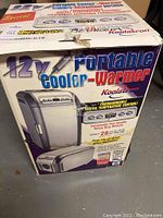 Photo of the Koolatron box showing portable cooler-warmer with 12V power, capacity and branded features.