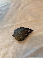 Close-up image of a decorative brooch with a leaf or feather-like intricate design in dark-toned metal.