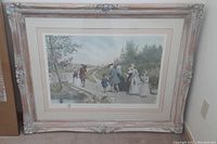 Framed art print showing people walking on a country path near a church, titled Sunday Morning in Sleepy Hollow