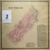 Full view of the 1874 East Pikeland map showing the entire township with property owners' names and township borders, printed on aged tan paper.