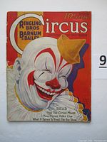 Front cover of the stapled softback magazine featuring a clown illustration and masthead 'Ringling Bros and Barnum & Bailey Circus Magazine and Daily Review', marked 10 cents.