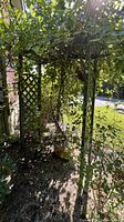 Full view of forest green composite trellis arch with lattice sides, surrounded by plants and vines.