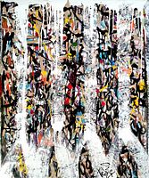 Close-up of front view displaying abstract composition and layered paint drips