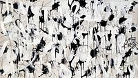 Close-up front view showing overall abstract composition of black and white acrylic drips and scribbles on canvas