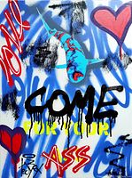 Close-up image showing the street art style acrylic painting with layered graffiti text and imagery.
