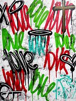 Close-up of multicolored graffiti-style 'love' text with black halo motifs and drips on white crackle background