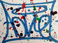 Full view of the abstract painting "Face VI" showcasing the blue geometric forms and colorful paint splatters on white Bristol Velum paper, signed bottom right.