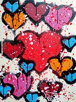 Close-up front view of painting showing colorful heart composition and artist signature on lower right corner