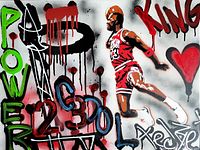 Close-up of painting center showing Michael Jordan figure and graffiti text