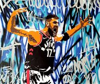 Front view of painting displayed flat, showing full composition of basketball player figure against blue graffiti background with silver text overlay.