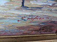 Close-up image of signature on the painting: 'S. Meteyer' in red paint on textured canvas.