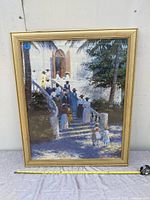 Full view of framed impressionist style painting showing a group of people on stone stairs.