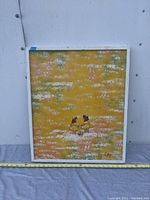 Original Mid Century painting showing two young girls playing against a textured yellow background with white, green and pink highlights, framed in white.