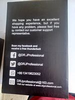 Photo of the Dr J projector box with customer support, contact, and social media information.