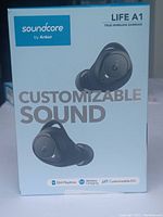 Front of the box showing the model Life A1 true wireless earbuds by Soundcore with customizable sound and 35h playtime.