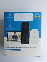 Front of box showing aosu video doorbell and Wi-Fi HomeBase, key features listed include 5 megapixels, 3D motion detection, 2 months loop recording, and battery or hardwired operation.