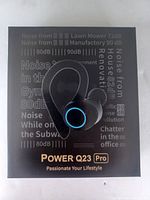 Front view of the product box showing an image of the black wireless earbud with blue ring light and branding Power Q23 Pro.
