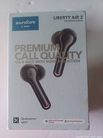 Front of box showing Soundcore Liberty Air 2 True Wireless Earbuds and key features like premium call quality and Qualcomm aptX.