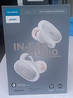 Box front showing Soundcore Liberty 2 Pro in-ear wireless earphones by Anker with key features such as Bluetooth and total wireless capability.