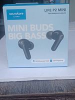 Front of the retail box of the Soundcore Life P2 Mini true wireless earbuds showing images of the earbuds and key features like mini buds, big bass, AI enhanced calls, and 32H playtime.