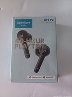 Front of the Soundcore Life P2 True Wireless Earbuds retail box showing the earbuds and product branding emphasizing 40-hour playtime, waterproof, and superior sound.