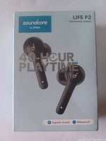 Front of retail box for Soundcore Life P2 wireless earbuds by Anker, featuring large text advertising 40-hour playtime, Product image of earbuds and charging case.