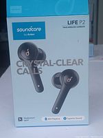 Front view of Soundcore Life P2 retail box showing earbuds and highlighting crystal-clear calls, Qualcomm aptX, 40 hours playtime and superior sound.