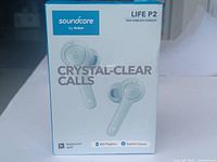 Front of retail box for Soundcore Life P2 true wireless earbuds showing branding and key feature 'Crystal Clear Calls'.