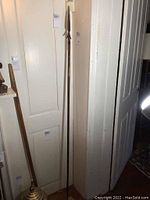 Full length spear standing against a wall showing overall length and form.