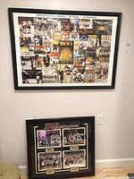 Full view of two framed Boston sports memorabilia collages on a wall, larger Boston Garden collage above and smaller Traditions photo frame below.