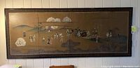 Full front view of the Japanese four-panel folding screen mounted on a wall, showing the painted landscape and figures.