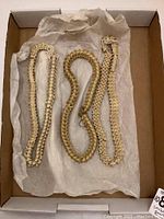 Three strands of snake vertebrae laid out in a box with tissue paper.