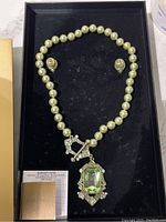 Set showing the necklace and earrings displayed in original black box with warranty form and Heidi Daus booklet included.