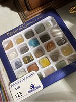 Photo of new unused natural gemstones set in blue tray with 24 polished stones of varying colors and shapes.
