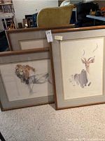 Framed prints of African animals visible together, including a lion and antelope; shows overall size and framing style.