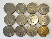 Top view of 12 Eisenhower silver dollars including one gold plated coin, showing obverse side all with Eisenhower profile.