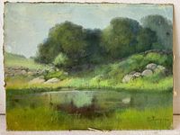 Full view of pastoral landscape pastel showing pond, trees and rocks