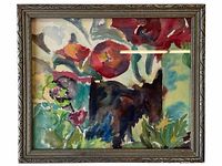 Front view of the framed abstract watercolor showing vibrant colors and goat silhouette