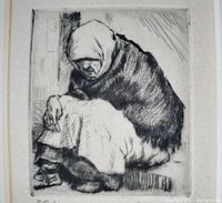 Close-up of the etching showing the peasant woman seated with headscarf and shawl, detailed linework.