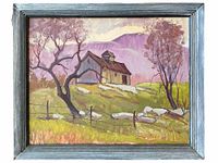 Front view of the framed oil painting on board depicting a rural house and hillside landscape setting with trees and purple mountains in background.