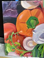 Close-up photo of a still life painting featuring orange bell peppers, tomatoes on the vine, garlic, and green onions