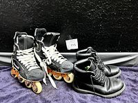 Photo showing both the inline roller skates with orange wheels and black boots