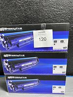 Three black and blue boxed SpeedyInks 12A 104 black toner cartridges stacked with front facing.