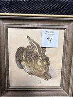Framed print showing a detailed illustration of a rabbit, with visible sticker on glass.