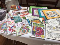Photo showing multiple adult coloring books with intricate black and white designs and a box of colored pencils on a table.