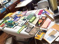 Overview of all office supply items laid out on a table showing variety of stationery and organizational supplies
