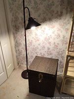 Floor lamp and trunk side by side in a corner of a room with floral wallpaper.