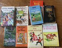 Top-down view of all 10 books arranged on a wooden surface showing cover artwork and titles.